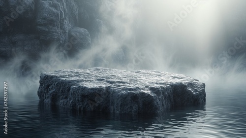Mysterious Fog-Enshrouded Rock Formation Rising From Tranquil Waters at Dawn