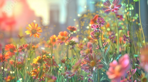Colorful bouquet of flowers scattered amidst the grass in an urban setting