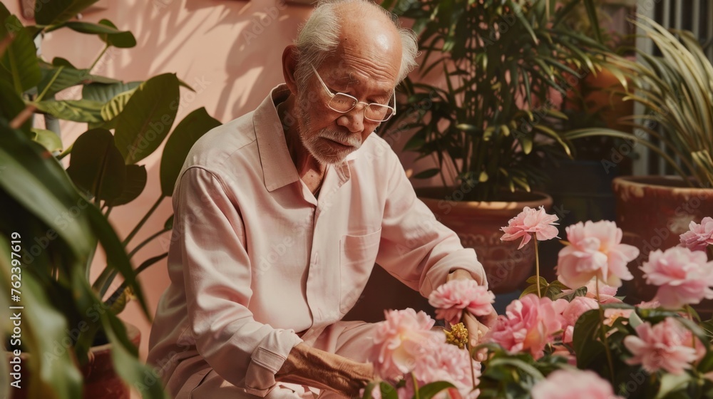 An old man with Asian descent sitting next to a potted plant, possibly engaged in gardening or tending to the plant An old man with Asian descent sitting next to a potted plant, possibly engaged in gardening or tending to the plant