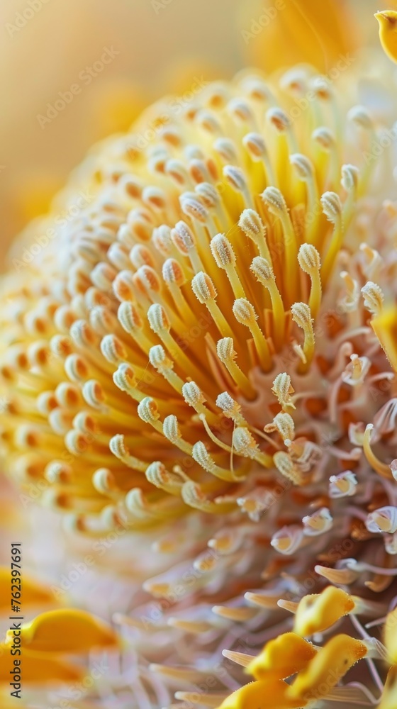 Detailed view of the intricate patterns and vibrant colors of a yellow and white Banksia flower in full bloom. The petals are striking with their contrasting hues, showcasing the beauty of nature up c