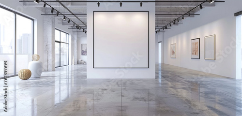 An opulent  white-walled art gallery with polished concrete floors and a spotless blank poster awaiting creative ideas