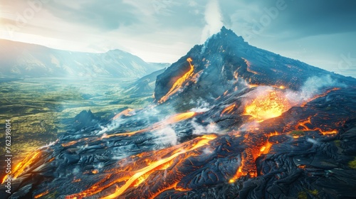 A gigantic mountain spewing rivers of lava from its peak in a volcanic eruption photo