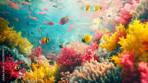 A group of fish swim over a vibrant coral reef teeming with life in the ocean