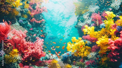 A lively coral reef filled with colorful fish swimming among the vibrant coral formations