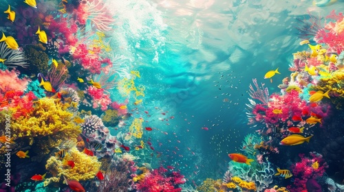An underwater coral reef alive with colorful corals and fish swimming