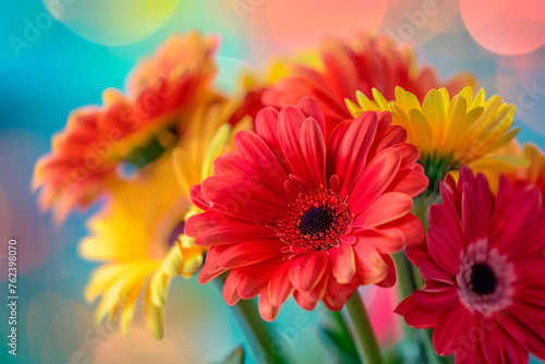 Red and yellow gerbera flowers. Macro floral background.