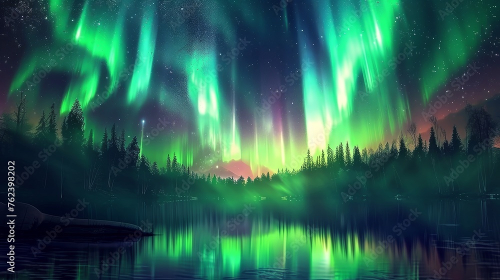 The aurora borealis phenomenon is reflected in the calm waters of a lake The aurora borealis phenomenon is reflected in the calm waters of a lake