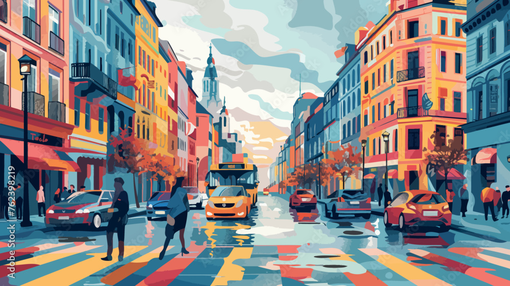 Colorful city street scene with pedestrians and cars - obrazy, fototapety, plakaty 