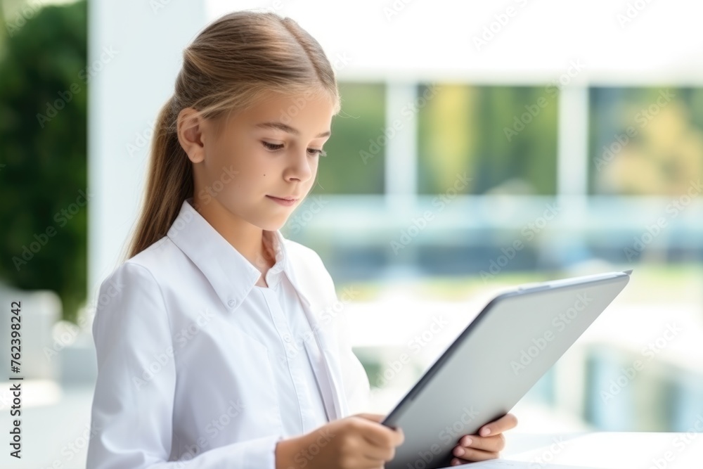 Preteen girl concentrating on reading a digital tablet indoors with natural light. Young Girl Focused on Digital Tablet Preteen girl concentrating on reading a digital tablet indoors with natural light. Young Girl Focused on Digital Tablet