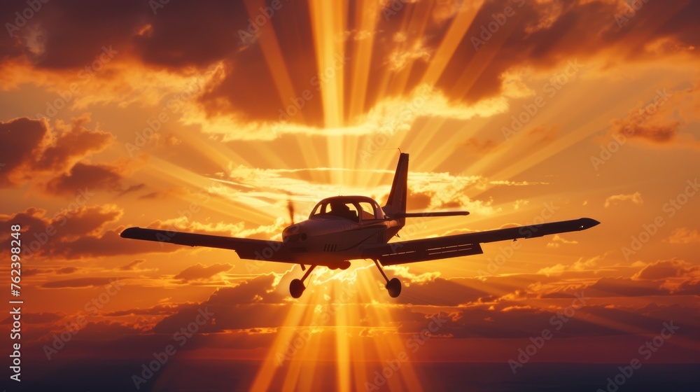 Fototapeta premium A small motor plane is seen flying through a cloudy sky. The silhouette of the plane is visible against the overcast background.