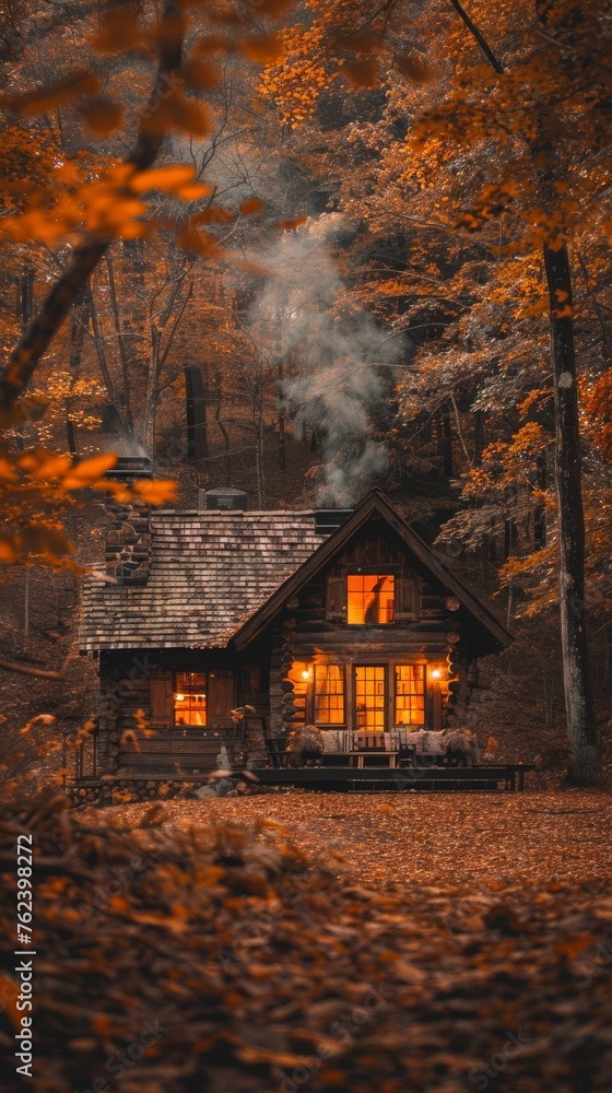 A cabin surrounded by dense woods with a smoke stack emitting smoke into the sky, suggesting a fire or heating source inside the cabin. A cabin surrounded by dense woods with a smoke stack emitting smoke into the sky, suggesting a fire or heating source inside the cabin.