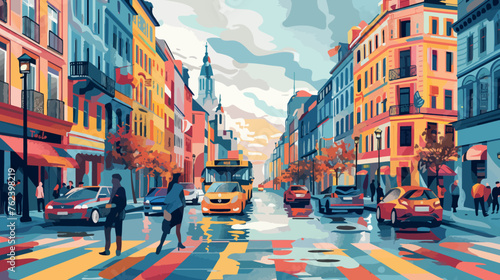 Colorful city street scene with pedestrians and cars