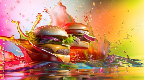 A hamburger falls into a puddle of water, creating ripples and splashes