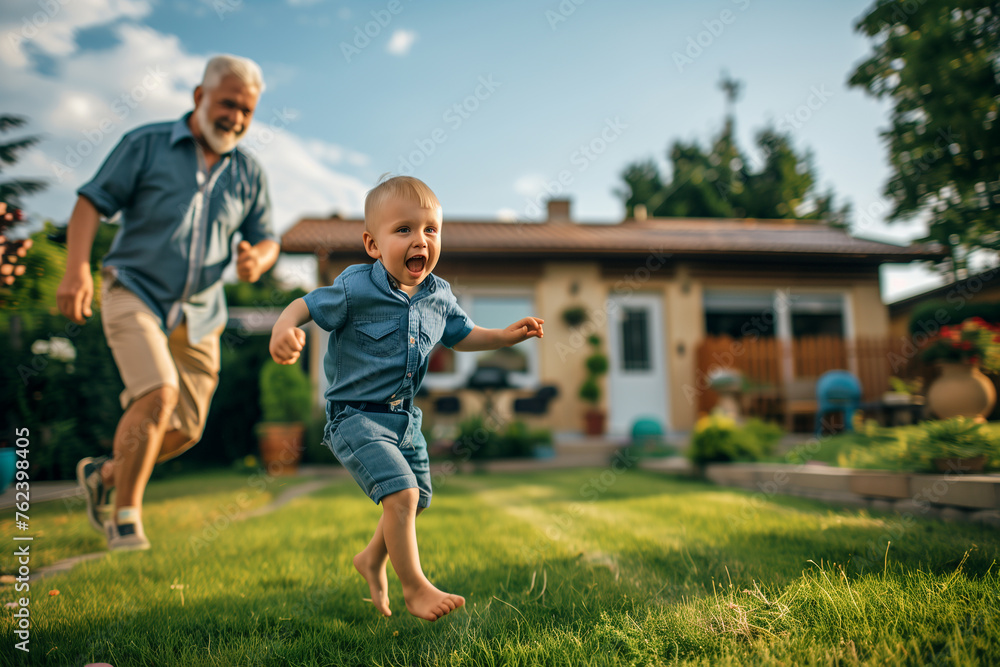 Happy grandfather and his grandson running and playing in beautiful backyard. Space for copy