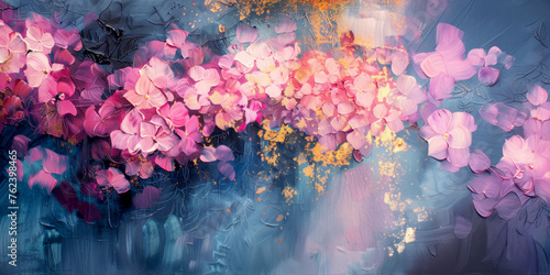 Abstract illustration of Pink Hydrangea flower. Oil painting. natural banner.