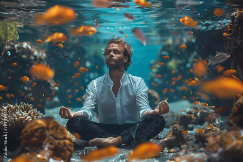 Under the sea portrait of a handsome man holding a breath on a sandy bottom in a yoga lotus position © zphoto83