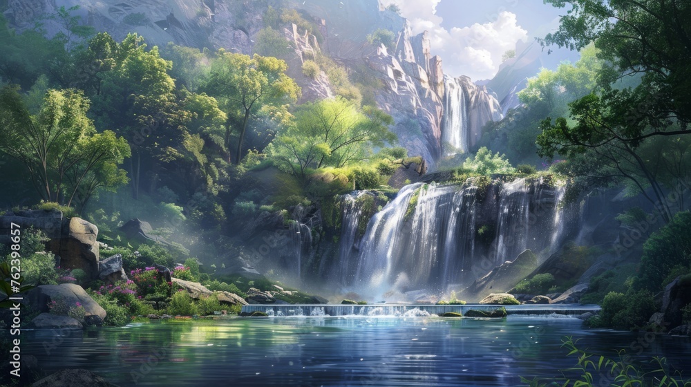 A beautiful waterfall surrounded by lush green trees and a calm river. The scene is serene and peaceful, with the water flowing gently over the rocks. The colors of the trees