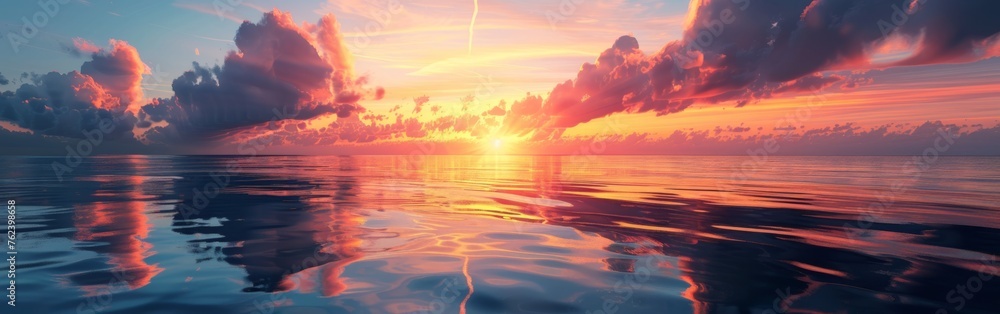 The sun is setting below the horizon, casting a warm glow over the ocean. Puffy clouds dot the sky, reflecting the golden hues of the suns rays. The calm ocean ripples gently as the day comes to a clo