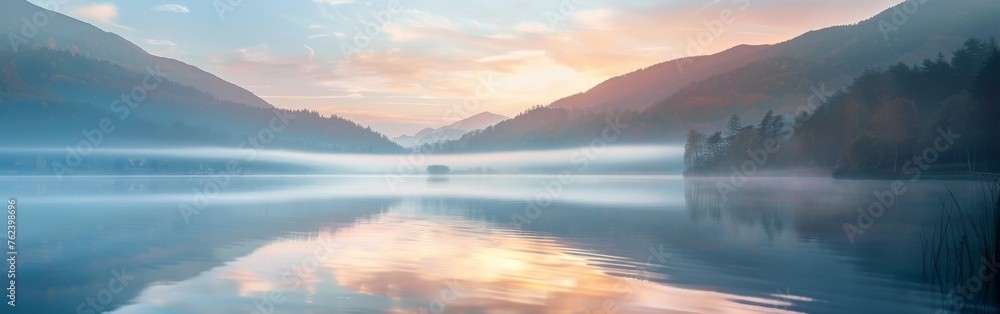 Obraz premium A lake reflecting the colors of a setting sun, with majestic mountains in the background under a colorful sky.