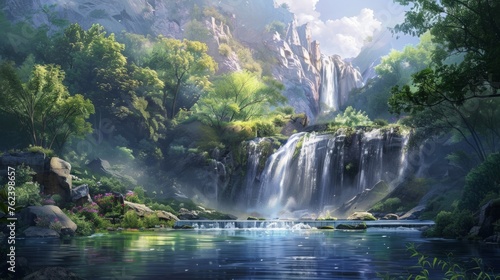 A beautiful waterfall surrounded by lush green trees and a calm river. The scene is serene and peaceful, with the water flowing gently over the rocks. The colors of the trees