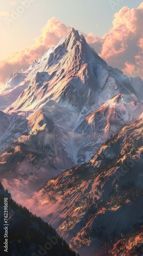 A detailed painting depicting a towering mountain dominating the scene, with billowing clouds in the background. The contrast between the solid mountain and the soft, ethereal clouds creates a dynamic