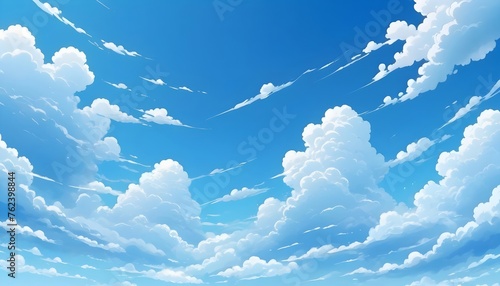 Blue sky with clouds. Anime style background with shining sun and white fluffy clouds. Sunny day sky scene cartoon vector illustration. Heavens with bright weather, summer season outdoor photo