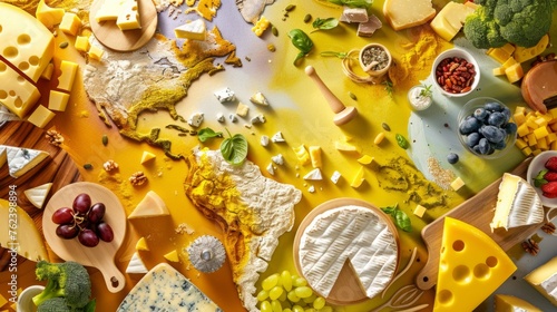 A diverse selection of cheeses displayed on a table, showcasing different types and textures