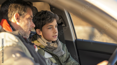 Father Teaching Son to Drive During a Sunset Road Lesson