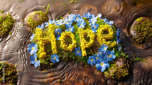 Close-up of the word Hope spelled out with blue flowers in a serene landscape