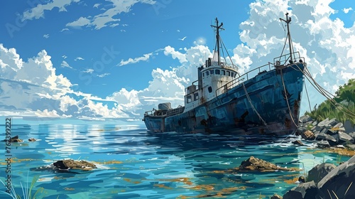 Generative AI Panoramic shot of a cargo ship in calm waters, clear skies, distant horizon, detailed linework,