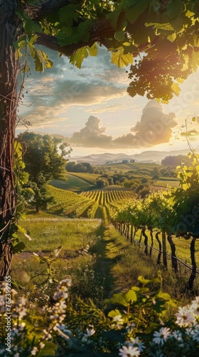 The suns rays filter through the trees in a vineyard, creating a play of light and shadow on the lush green foliage below.