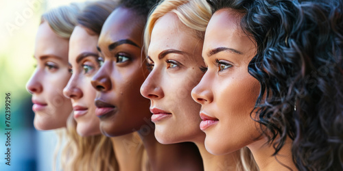 Portrait of group of multiracial women posing together outdoors. Multiracial females with different cultures standing together. Multi-ethnic beauty. Different ethnicity women. Feminists, tolerance