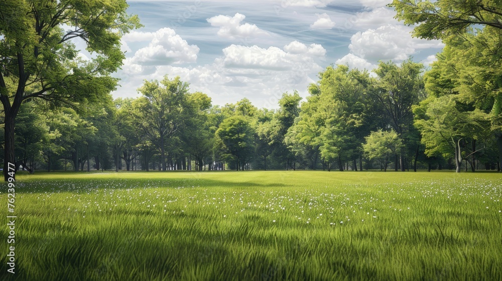 a green field enveloped by lush trees, captured in a realistic photograph that evokes a sense of peace and harmony. - obrazy, fototapety, plakaty 
