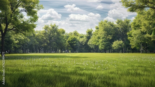 a green field enveloped by lush trees, captured in a realistic photograph that evokes a sense of peace and harmony.