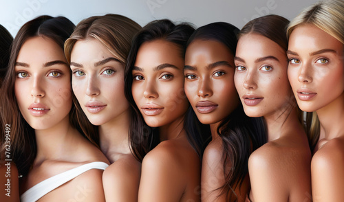 Portrait of six young multiracial women standing together and looking at camera isolated over grey background. Multi-ethnic beauty. Different ethnicity women. Body care. Feminists, tolerance