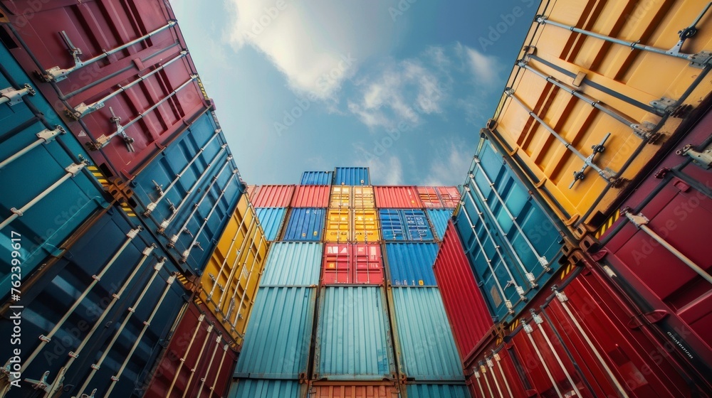 Fototapeta premium set of containers of different colors grouped on top of others in a ship or warehouse