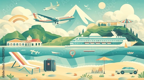 Travel elements cartoon illustration - plane, cruise boat, luxury car, with a tropical island landscape, vacation, travel agency photo