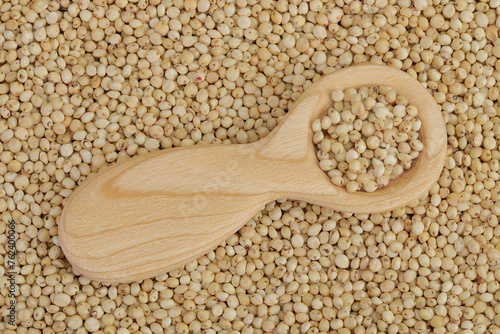 background of sorghum seeds with wooden spoon. Top view. Flat lay.