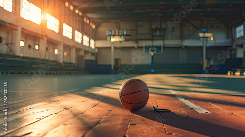 Basketball ball lying on floor on sport arena, stadium with sun light coming into gym © danh