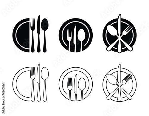 Cutlery icon. Spoon, forks, knife, plate. Restaurant business concept. Vector icons set on transparent background