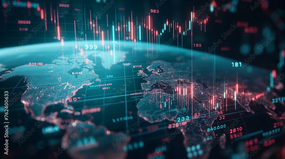 Financial trading candle charts with world map digital background, global economy markets concept, globalization illustration Financial trading candle charts with world map digital background, global economy markets concept, globalization illustration