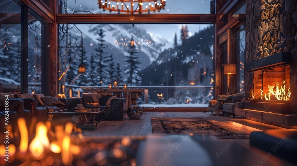 Rustic Mountain Lodge at Dusk: Warm Fireplace and Snowy Peaks Create an Inviting Ambiance Rustic Mountain Lodge at Dusk: Warm Fireplace and Snowy Peaks Create an Inviting Ambiance