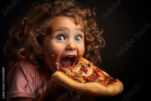 A little girl brings a large piece of delicious pizza cake to his mouth on a black background