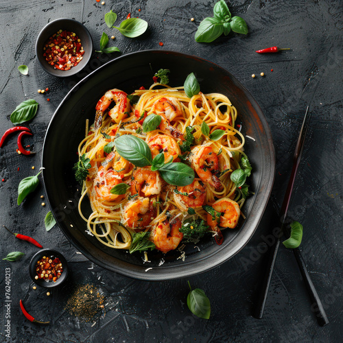 Italian pasta in a creamy sauce with shrimp on a plate on dark background, top view. Square. Healthy whole grain linguine with shrimps, cherry tomatoes, fresh Parmesan cheese and basil