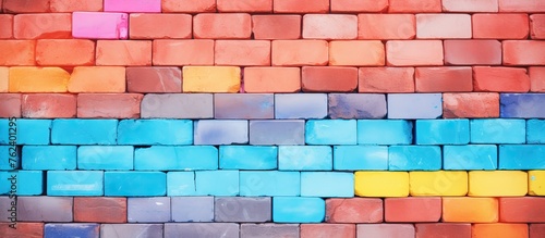 A rectangular brick wall featuring a rainbow of colors painted on it, showcasing the artistic use of building material and brickwork with electric blue tint