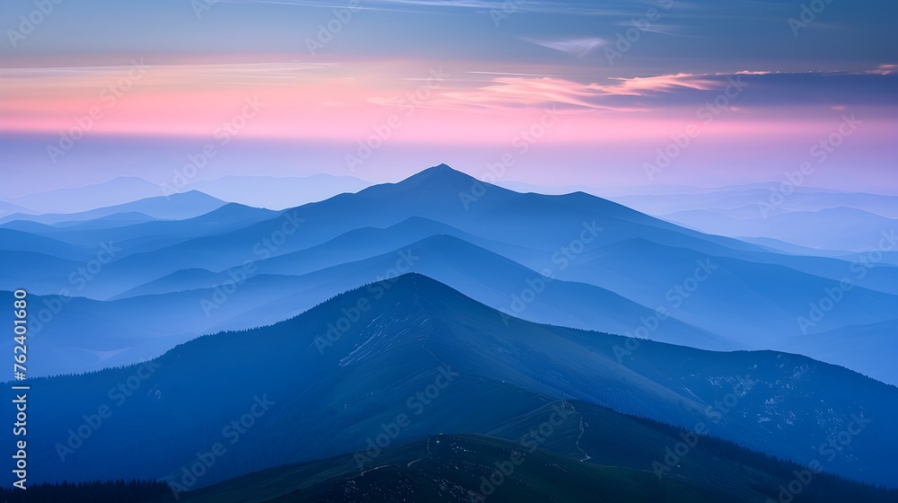 Dawn in the Carpathian Mountains: A Serene Landscape of Layered Peaks in Blue and Purple