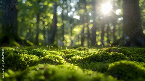 Sunlight Filters Through Trees Illuminating Vibrant Green Moss-covered Ground in a Serene Forest © vanilnilnilla