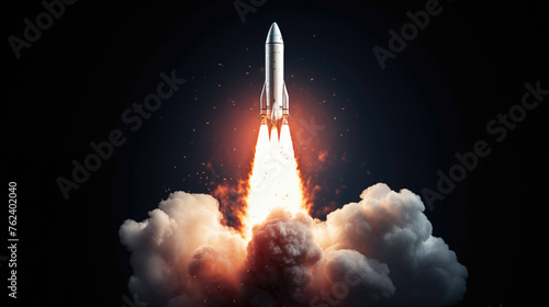 Infinite Possibilities: Rocket Launch with Flames and Smokes and Dark Background - Symbolizing Business Startup, Rapid Growth, Innovation, and Expansion