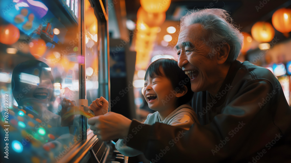 An old man and a child laughed happily while playing arcade games. An old man and a child laughed happily while playing arcade games.