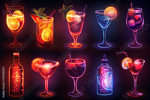 Simple vector graphic of a neon cocktails icons set on a black background.